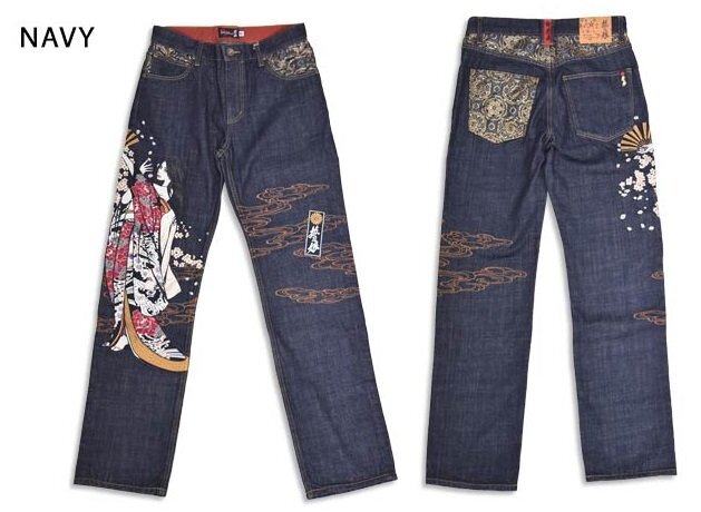 抜刀娘 結愛花魁デニムパンツ◆抜刀娘 ネイビー 34inch 34インチ 254248 和柄 和風 刺繍 ジーンズ 着物 桜 さくら拍卖