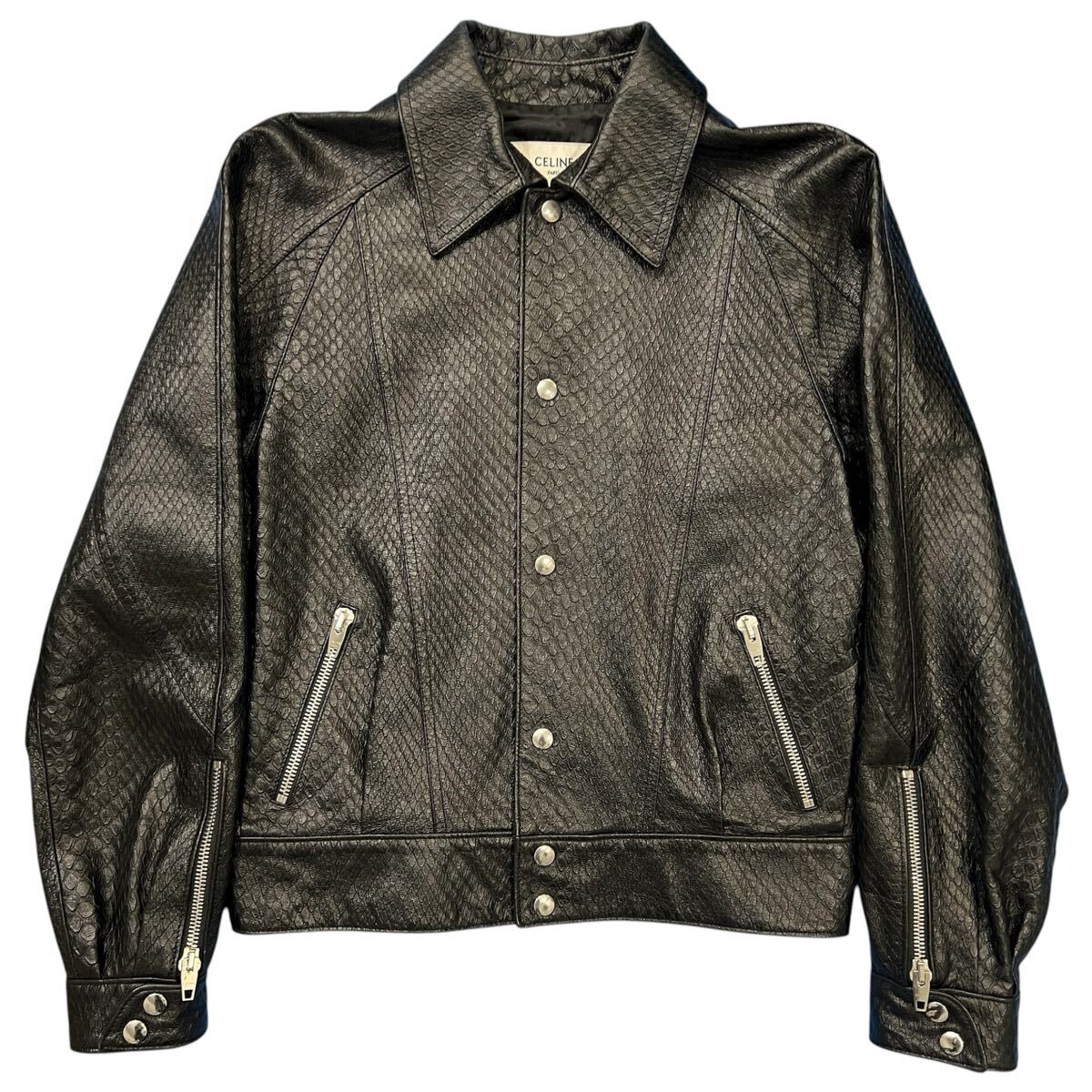 CELINE 2019AW HEDI SLIMANE Python Embossed Leather Jacket セリーヌ 秋冬 エディ スリマン パイソン エンボス レザー ジャケット 黒拍卖