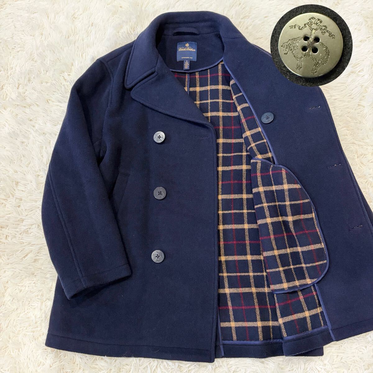 極美品/現行タグ ●ブルックスブラザーズ Brooks Brothers L-XL相当 ピーコート Pコート ウール 近年 裏地チェック 厚手 ネイビー メンズ拍卖