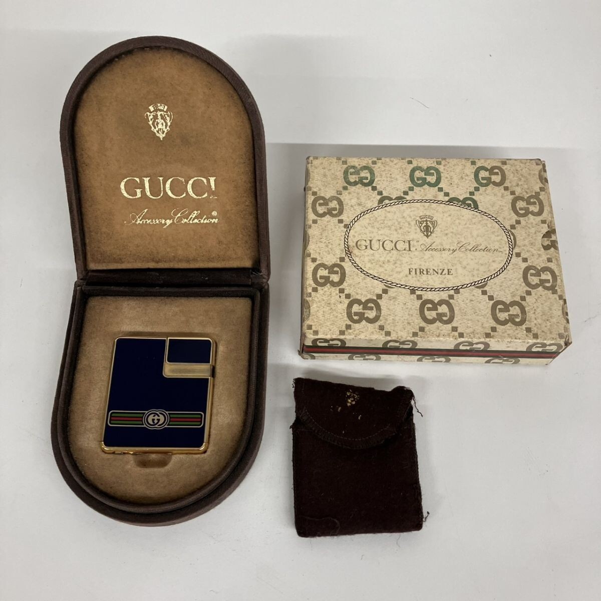 J383-I76-582 ▲ GUCCI グッチ ガスライター ヴィンテージ ネイビーブルー シェリーライン 専用ケース付き 着火確認済み NB拍卖