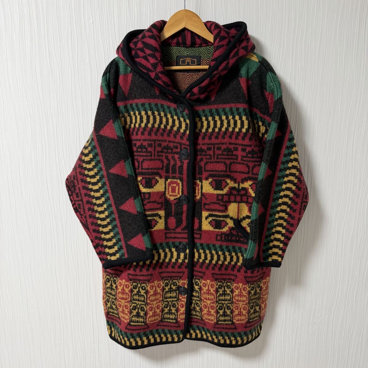 カナダ製 LONGHOUSE ロングハウス マルチカラー サウスウェスト ウールフーディージャケット レディース サイズM ネイティブ 柄 a1338拍卖