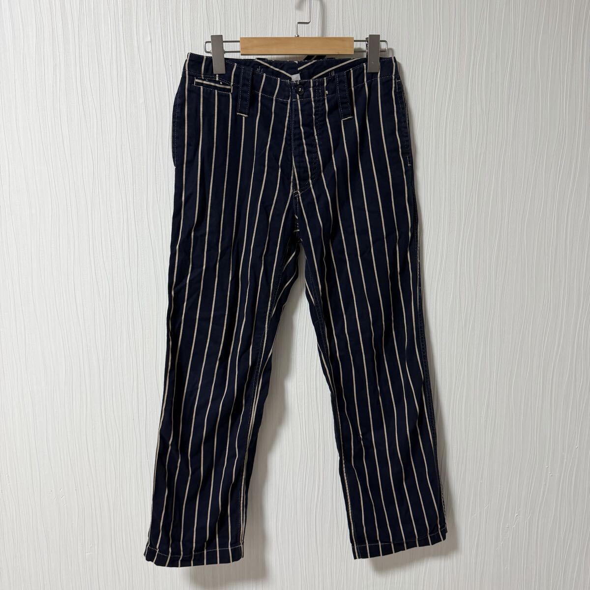 英国製 YARMO ヤーモ Bucher Stripe バックベルトワークパンツ ストライプ柄 メンズ ボタンフライ サイズS 16SS イングランド a1344拍卖