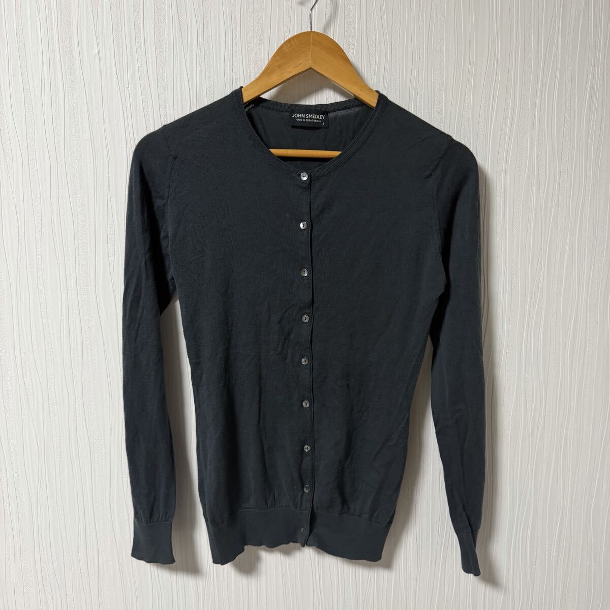 イギリス製 JOHN SMEDLEY ジョン スメドレー 長袖ニット カーディガン グリーン系 レディース サイズS セーター コットン a1368拍卖