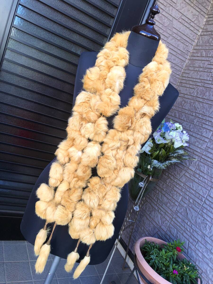 リアルファー ラビットファー ロング丈 マフラー 襟巻 ベージュ 美品拍卖