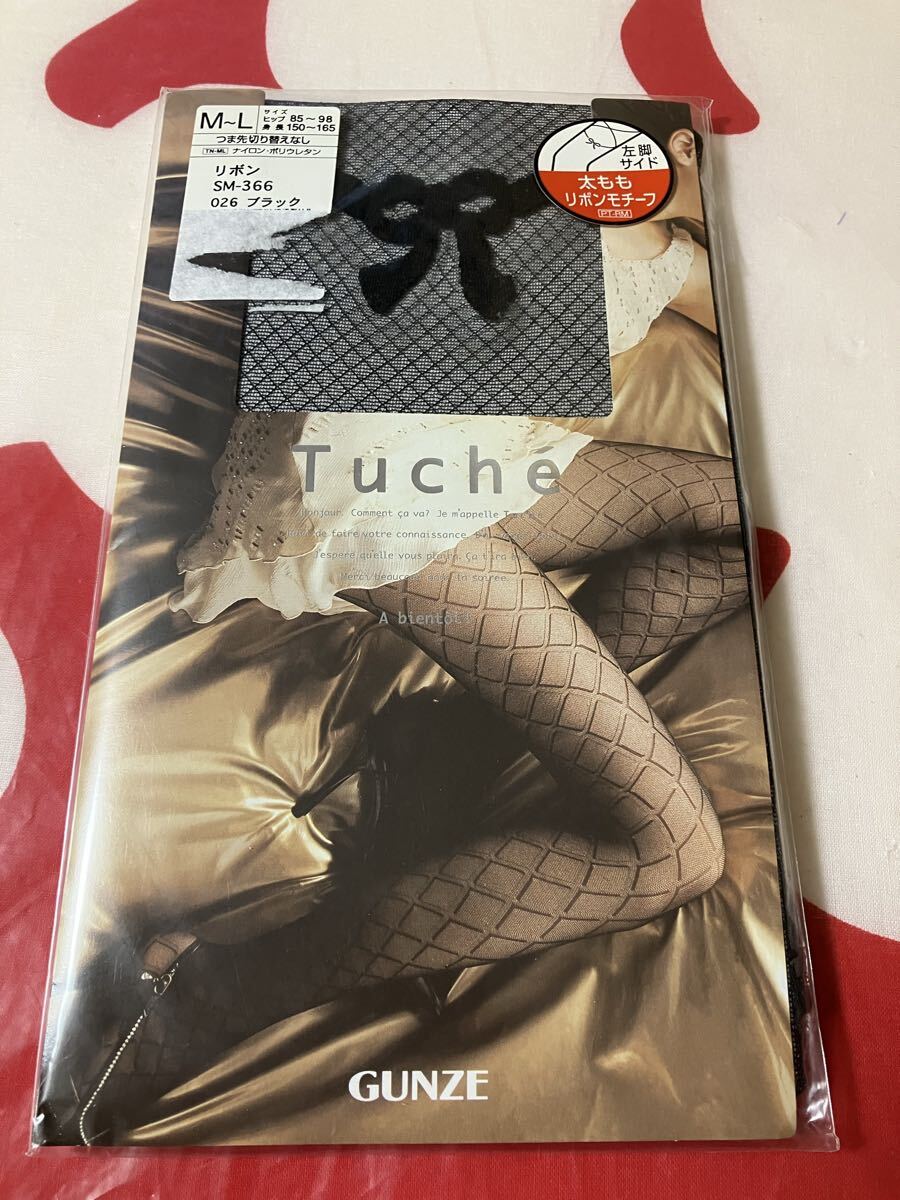 gunze tuche リボン ブラック パンティストッキング グンゼ パンスト 柄 デザイン panty stocking トゥシェ 模様 編み 網 黒 太もも拍卖