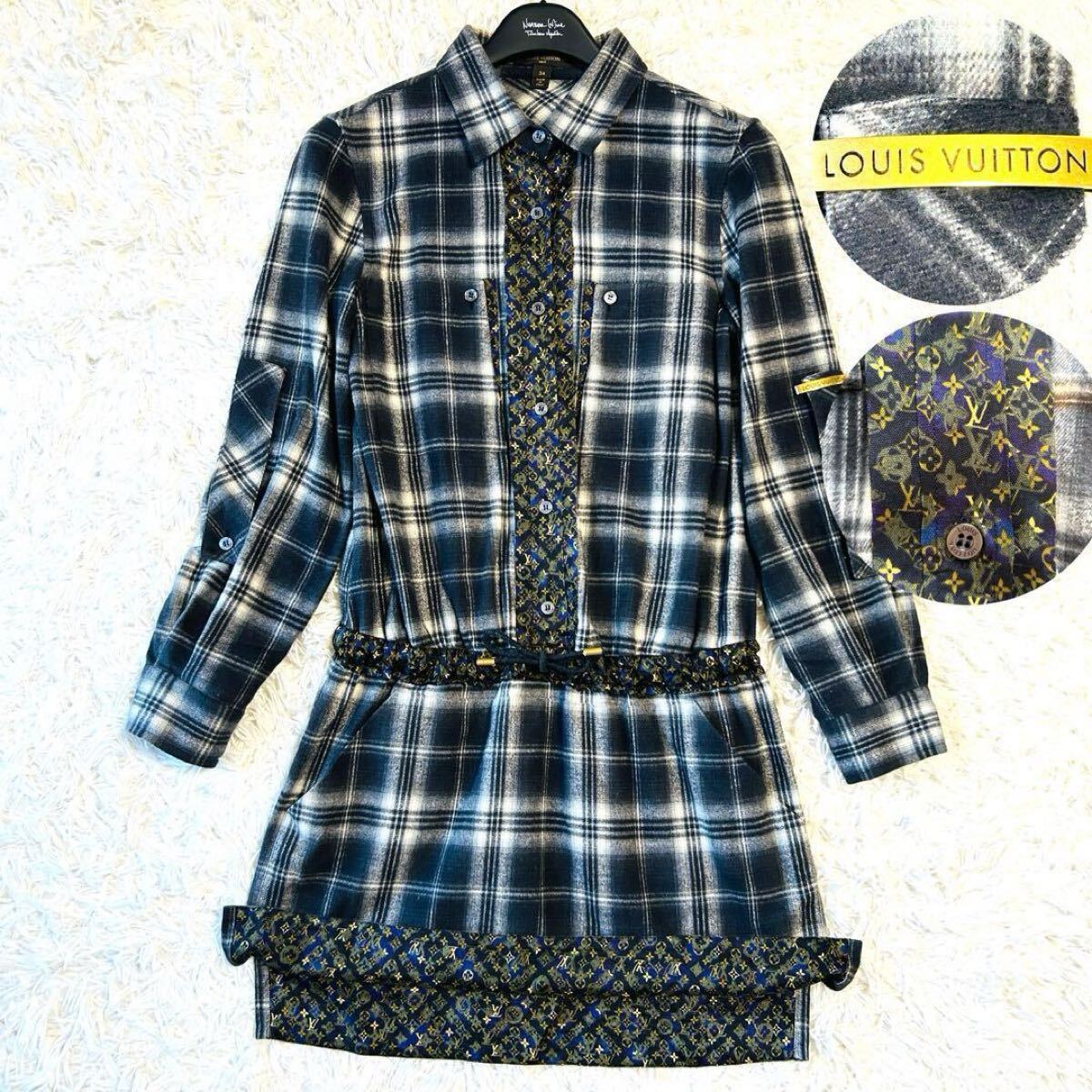美品 ルイヴィトン ヴィトン LOUIS VUITTON ワンピース モノグラム ロゴ金具 リボン プレート フランネル チェック ポケット 長袖拍卖