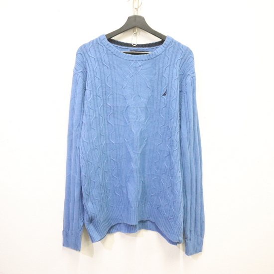 e980 2000年代製 NAUTICA ノーチカ ワンポイントロゴ コットンニットセーター■00s 表記XLサイズ ブルー 刺繍 アメカジ ストリート 古着拍卖