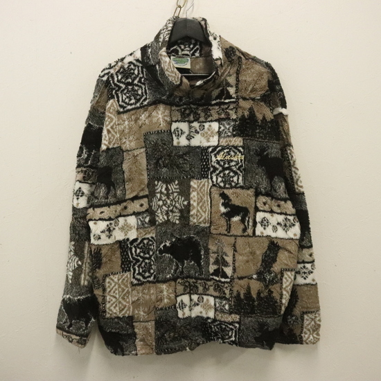 A815 90sビンテージ ADVENTUREPASS フリースジャケット USA製■1990年代製 表記XLサイズ ブラウン フルジップ ボア アニマル ネイティブ 拍卖