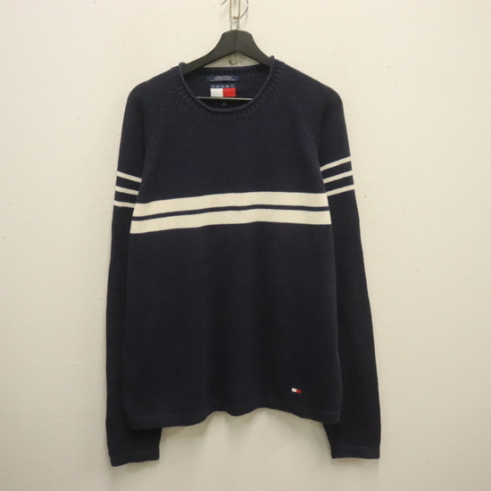 D610 90sビンテージ トミーフィルフィガー コットンニットセーター■1990年代製 表記Mサイズ ネイビー 紺 ボーダー 刺繍 アメカジ 古着拍卖