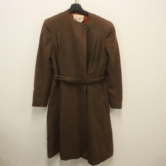 Q991 60sビンテージ MissMODE ノーカラー ウールコート■1960年代製 Mサイズくらい ブラウン 肩パット 古着 アンティーク ヴィンテージ 拍卖