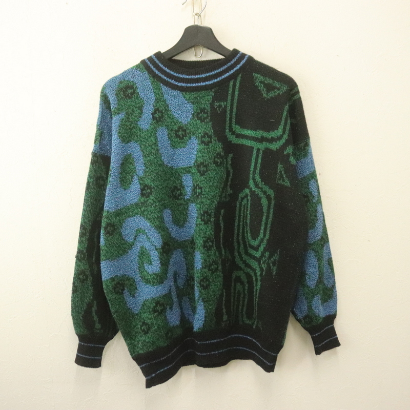 y520 80sビンテージ CITYSTREETS アクリルニットセーター■1980年代製 表記XLサイズ 黒 ブラック 柄 アメカジ ストリート 古着 激安 希少拍卖