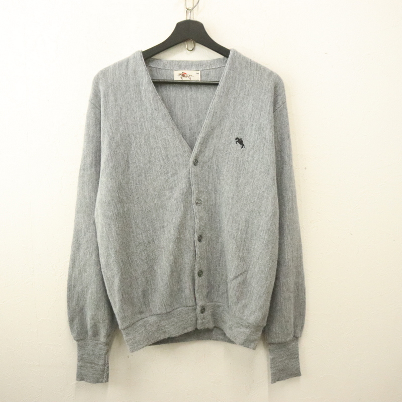 y522 80sビンテージ STEEPLECHASE アクリルニットカーディガン USA製■1980年代製 表記Mサイズ グレー ワンポイントロゴ アメカジ 古着 90s拍卖