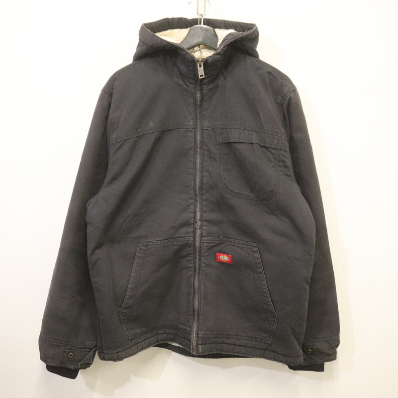 h878 2000年代製 ディッキーズ Dickies ダックジャケット 裏地ボア■00s 表記Lサイズ 黒 ブラック フーディー フルジップ アメカジ 90s拍卖
