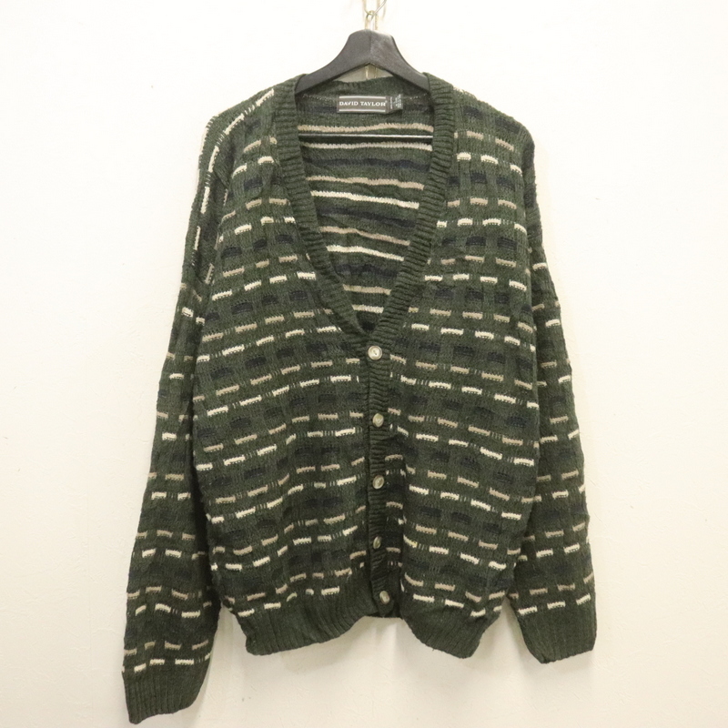 h891 80sビンテージ DAVIDTAYLOR アクリルニットカーディガン USA製■1980年代製 表記Lサイズ グリーン 総柄 アメカジ ストリート 古着 拍卖