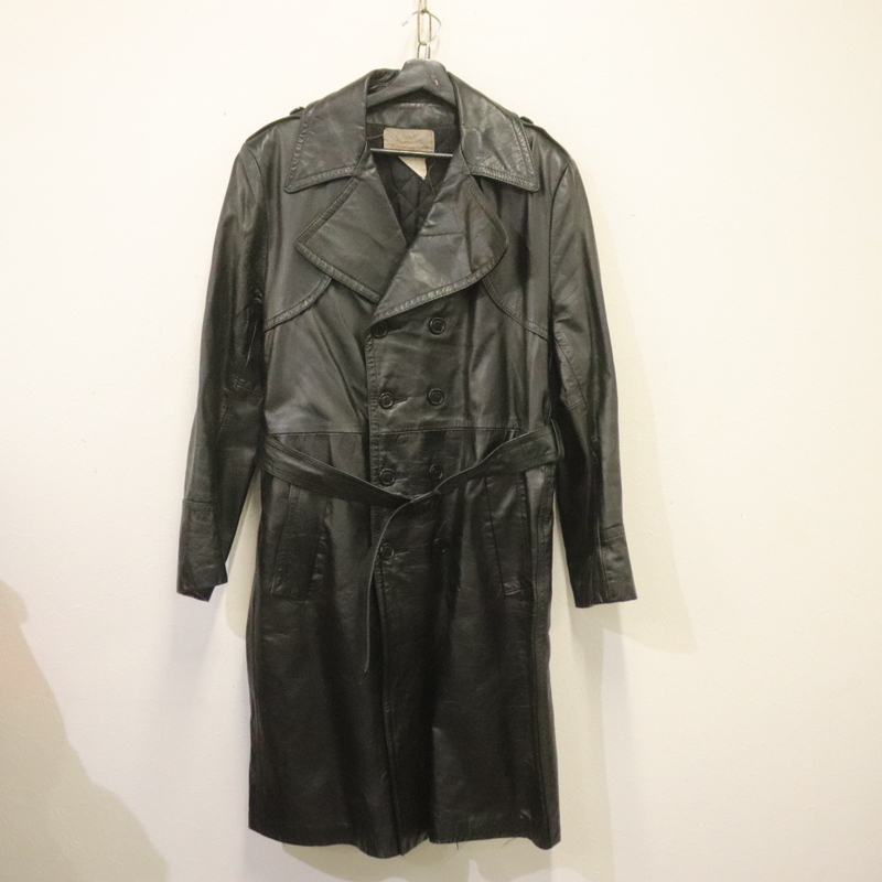 y541 80sビンテージ Sears シアーズ レザーコート■1980年代製 表記42サイズ 黒 ブラック トレンチ 肩パッド アメカジ ストリート 古着卸拍卖