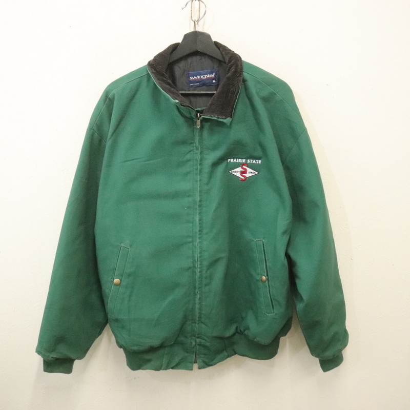 T213 80sビンテージ SWINGSTER 襟コーデュロイ 中綿 ブルゾンジャケット USA製■1980年代製 表記Mサイズ グリーン アメカジ 古着卸 70s 90s拍卖