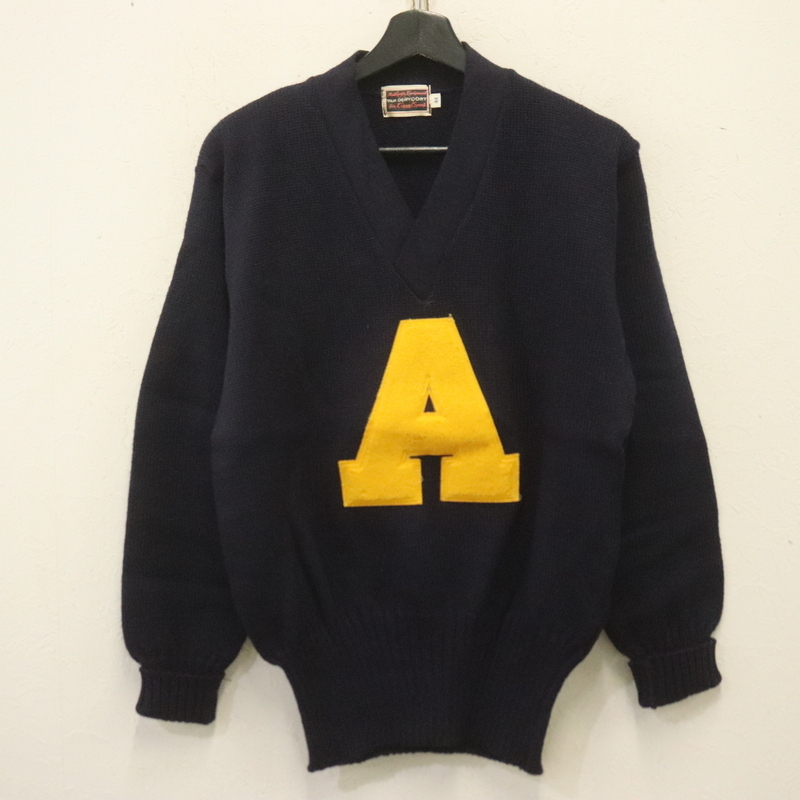 E969 70sビンテージ レタード ウールニットセーター■1970年代製 表記44サイズ ネイビー アメカジ ストリート アンティーク カレッジ 60s拍卖