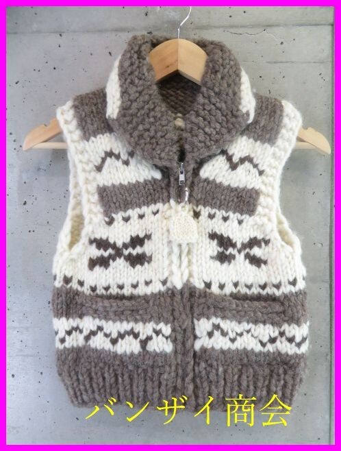 3011b13◆キッズサイズ◆カナダ製◆トナカイ柄 厚手 カウチンニットベスト/ジャケット/ネイティブ/セーター/子供服/良品です拍卖