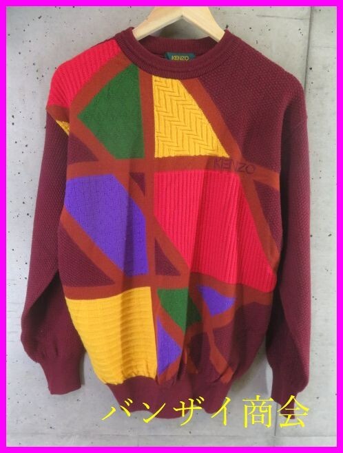 3011b14◆良品です◆日本製◆KENZO GOLF ケンゾーゴルフ パネル柄 ウールニットセーター 3/ポロシャツ/ジャケット/パンツ/ベスト/ブルゾン拍卖