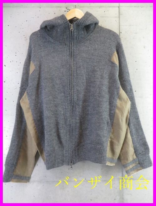 7011b36◆良品です◆麻リネン切替◆1/4クオーター ウールニットパーカー ジャケット 3/セーター/カーディガン/シャツ/コート/Y2K/古着拍卖