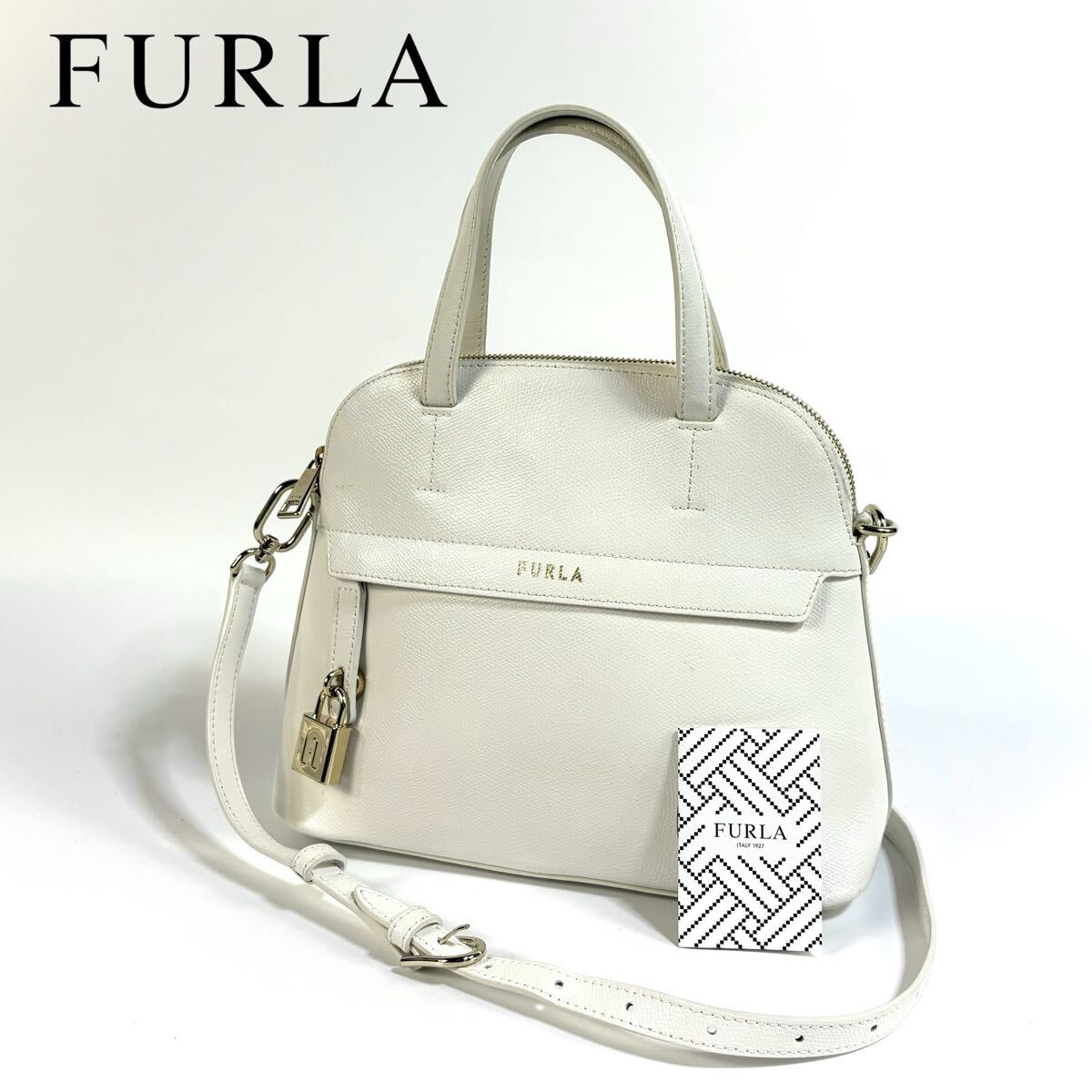 【美品】FURLA フルラ レザー 2way 斜め掛け ショルダーバッグ ハンドバッグ ホワイト シルバー金具 ギャランティカード付き拍卖