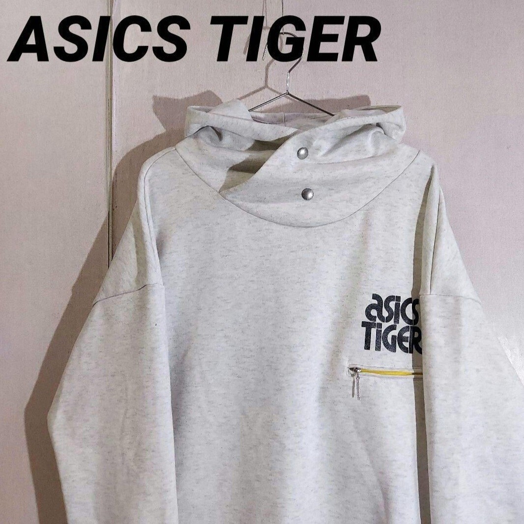 古着 アシックスタイガー スウェットパーカー プルオーバー ハイネック グレー ロゴプリント グレー拍卖