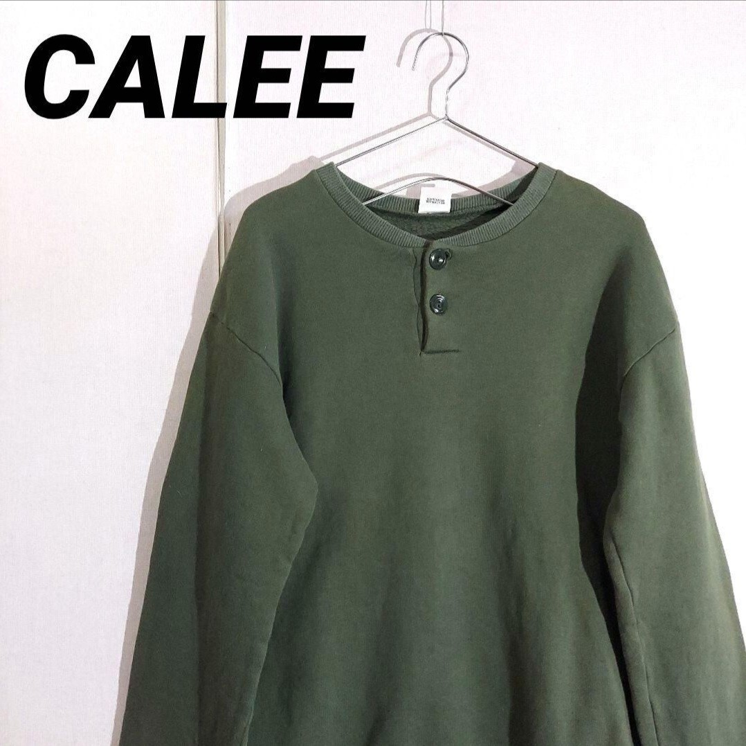 古着 キャリー CALEE スウェットトレーナー ヘンリーネック オリーブ 日本製 バックプリント 裏起毛拍卖
