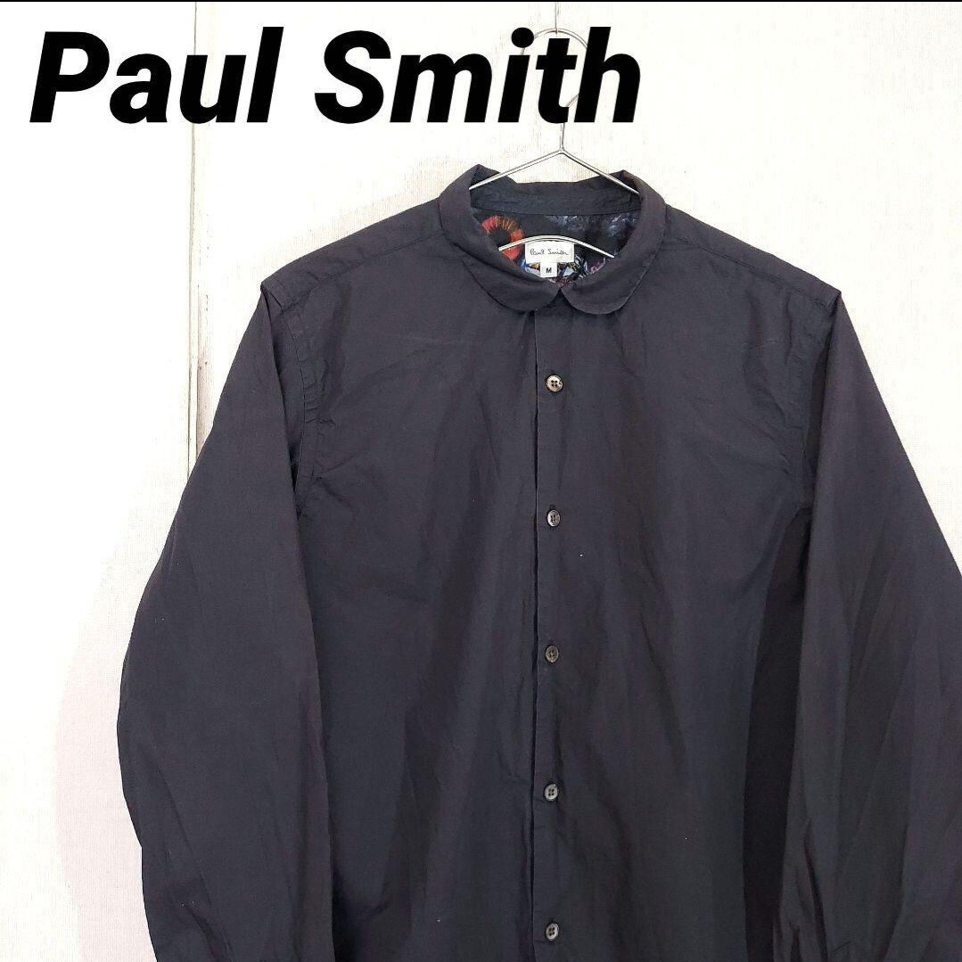 1円スタート! 古着 ポールスミス コットンデザインシャツ タイニーカラー ブラック 薄手 細身 Paul Smith拍卖