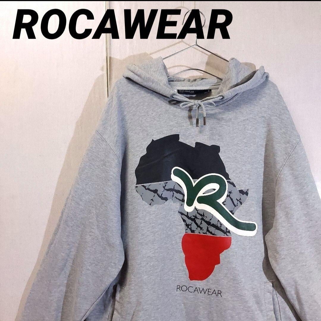 古着 ロカウェア スウェットパーカー ビッグシルエット アフリカロゴ ROCAWEAR プルオーバー グレー ビッグシルエット拍卖