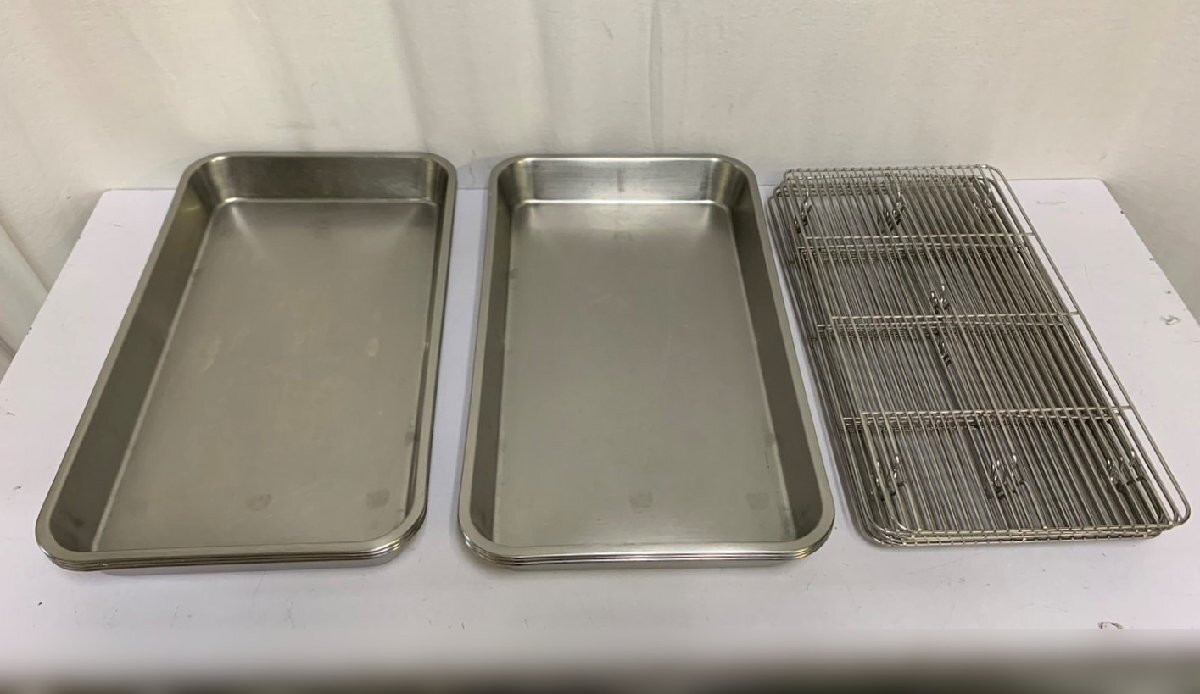 ▽大屋製作所 クローバー印 浅型バット 8枚取 4/5 18-8 ステンレス製 12点セット(角バット×6、網×6) 中古▽008051拍卖