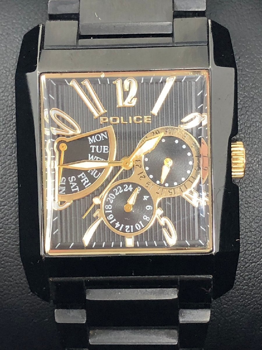 ◆POLICE ポリス 腕時計 13789M クオーツ ステンレス デイデイト 黒文字盤 スクエア 箱付き 中古◆18788★拍卖