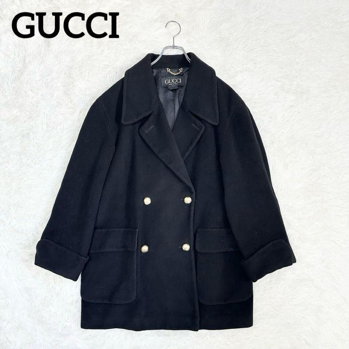 1円〜 GUCCI グッチ チェスターコート オーバーサイズ ウール 金ボタン ゴールドボタン ブラック ヴィンテージ レディース アウター L相当拍卖