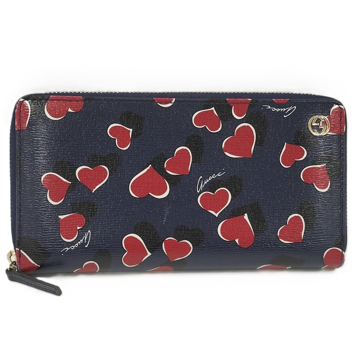 GUCCI ラウンドファスナー 長財布 インターロッキングG ハート柄 レザー ネイビー系 309705拍卖