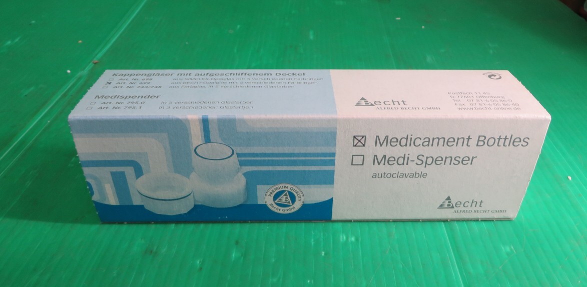 Z-2879■新品・未使用! BECHT ボトル 薬瓶 歯科診療用器具 歯科診療用器具 オパールガラス 青ライン×5個セット拍卖