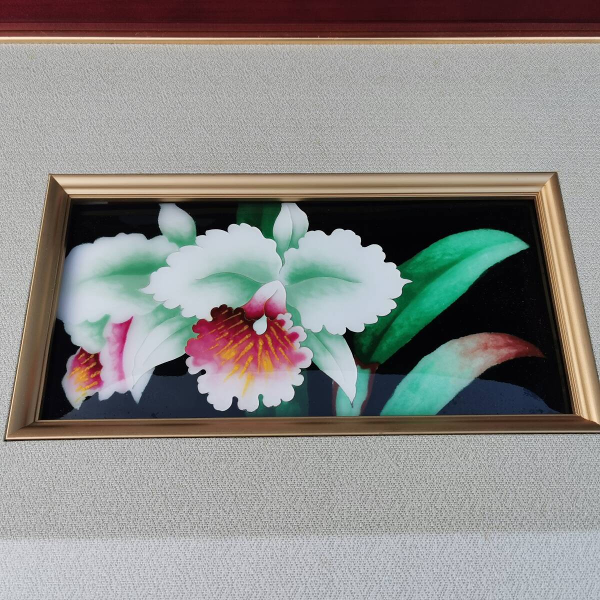 ★七宝焼 額装 カトレア◆有線七宝 タイル画/フラワーアート/壁掛けフレーム 太田七宝徽章製作所◇絵/花/壁掛け/美術工芸/紐付 457×345mm拍卖