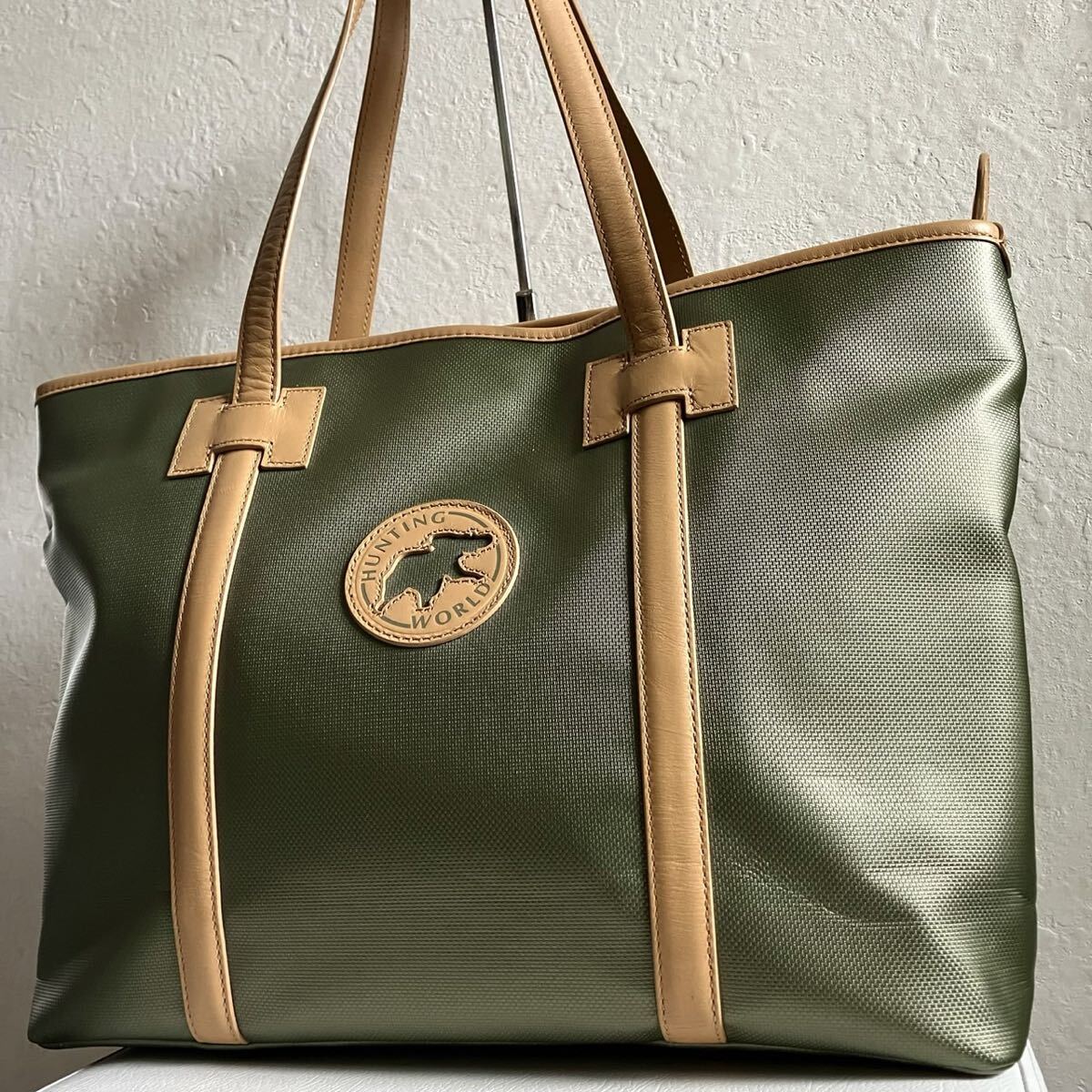 【希少モデル! 極美品!】Hunting World ハンティングワールド トートバッグ ハンドバック ロゴ ビジネス メンズ カーキ 肩掛け 大容量拍卖
