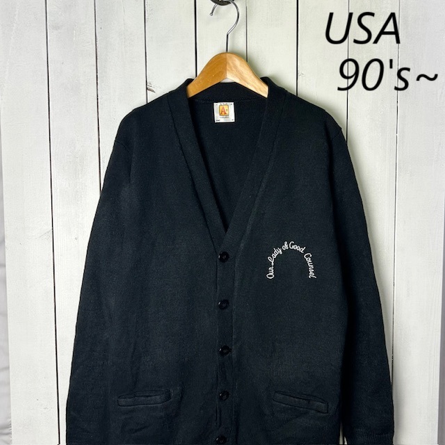 USA古着 90s~ アクリルニットカーディガン 黒 youth XL S~M オールド ヴィンテージ アメリカ古着 レタードカーディガン メキシコ製 ●307拍卖
