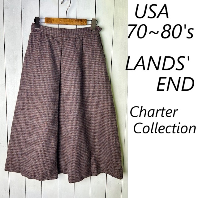 USA古着 70s~ USA製 LANDS'END ツイードウール チェックロングフレアスカート S~M ヴィンテージ アメリカ ランズエンド 厚手 秋冬 ●409拍卖