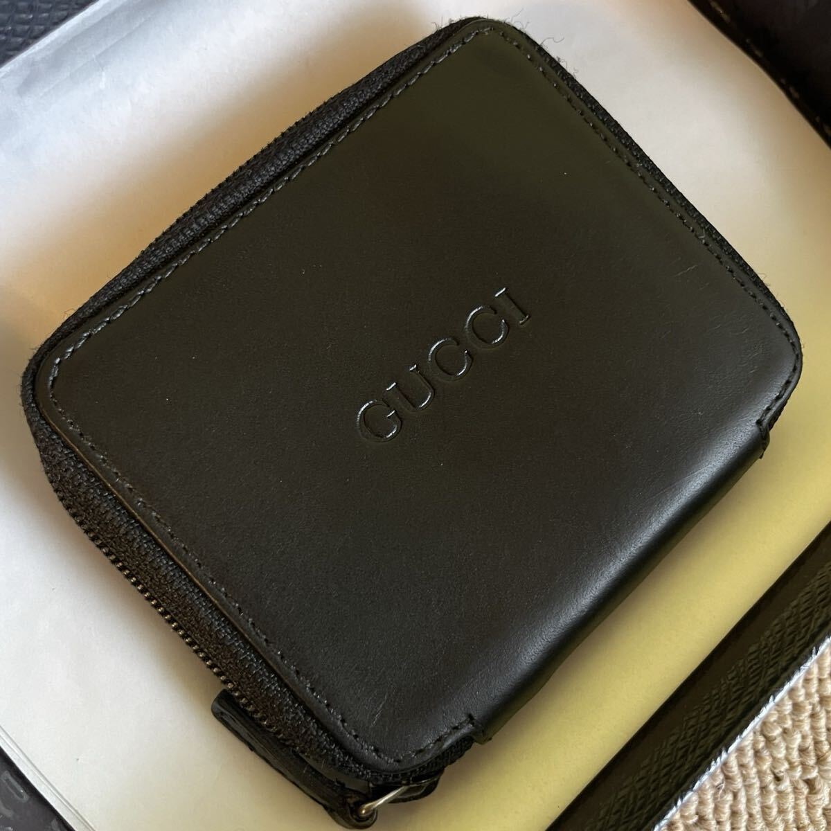 一円 美品 GUCCI コンパクト ラウンドファスナー 財布 レザー ブラック ウォレット 黒 コインパース コンパクト拍卖