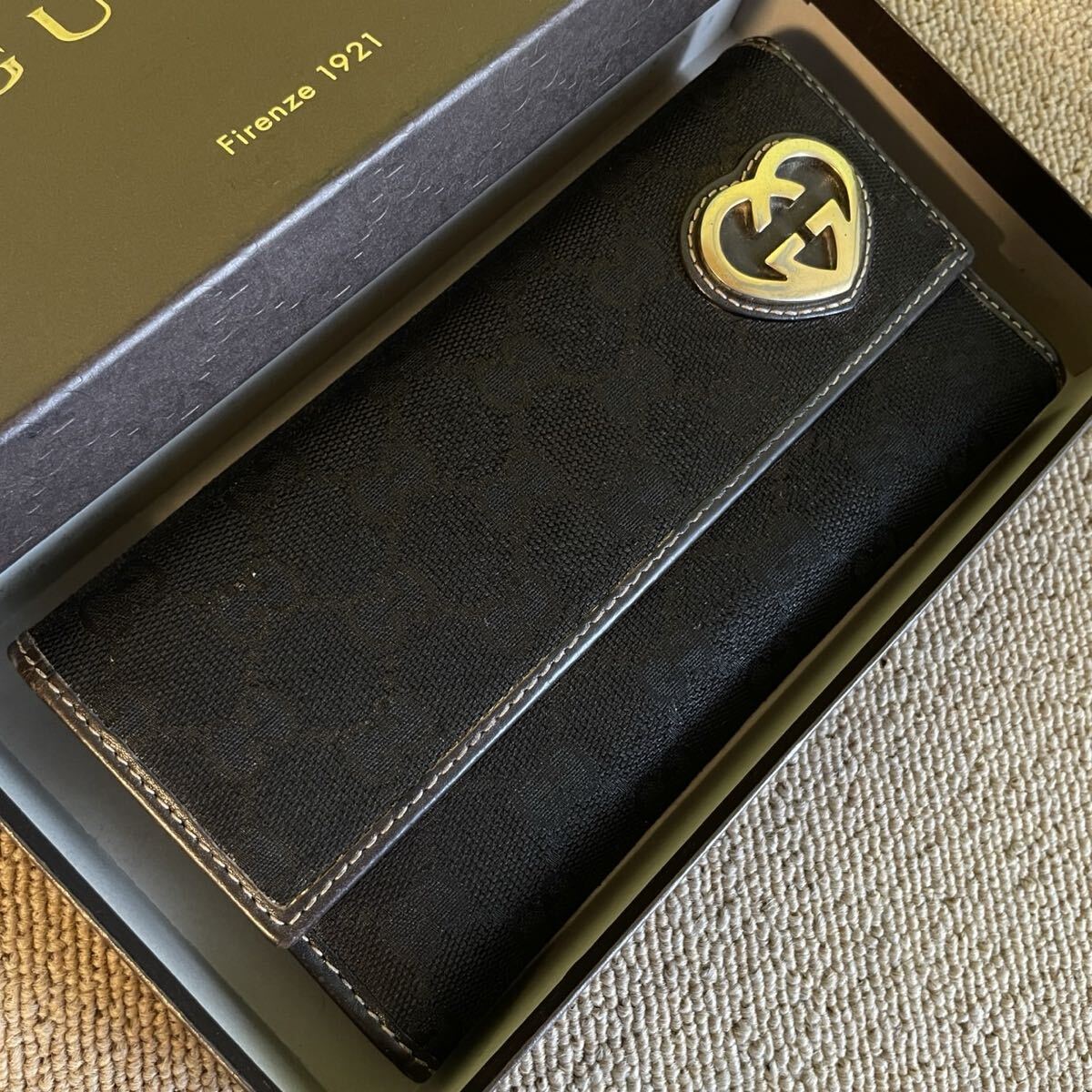 一円 美品 GUCCI グッチ シェリー ウォレット ロングウォレット 長財布 レザー 財布 黒 キャンバス 拍卖