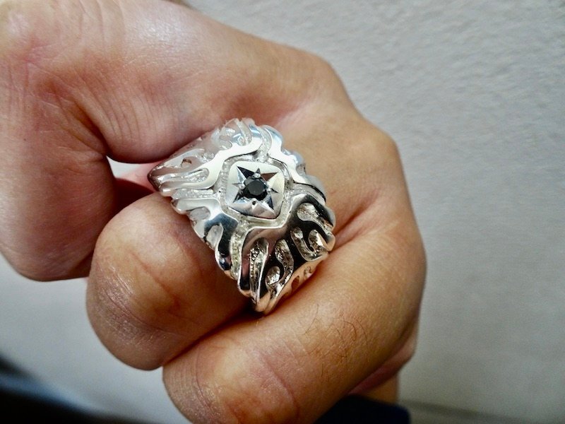 仁尾彫金『一つ星ブラックダイヤ、ファイヤーパターン、リング』ハンドメイド243拍卖