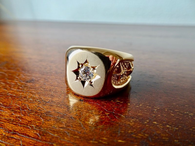 仁尾彫金『一つ星ジルコニア、k18、ギャラクシー楕円の印台リング』ハンドメイド344拍卖