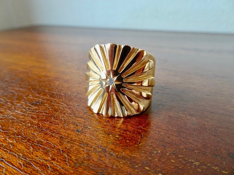 仁尾彫金『一つ星ダイヤ、k18、最大幅2.1cm太陽の平打ちリング』ハンドメイド327拍卖