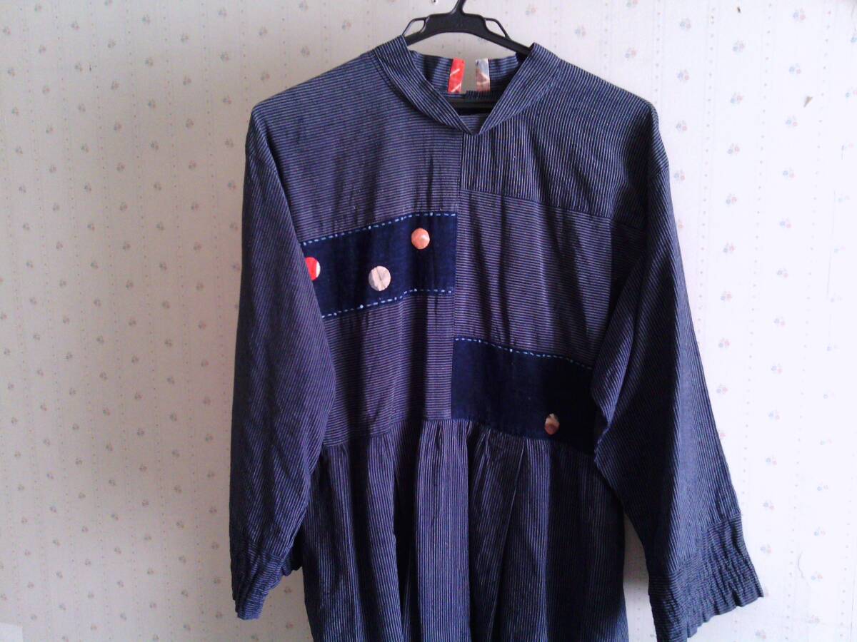 藍染 かすり 和の生地 ロングスカートワンピース拍卖