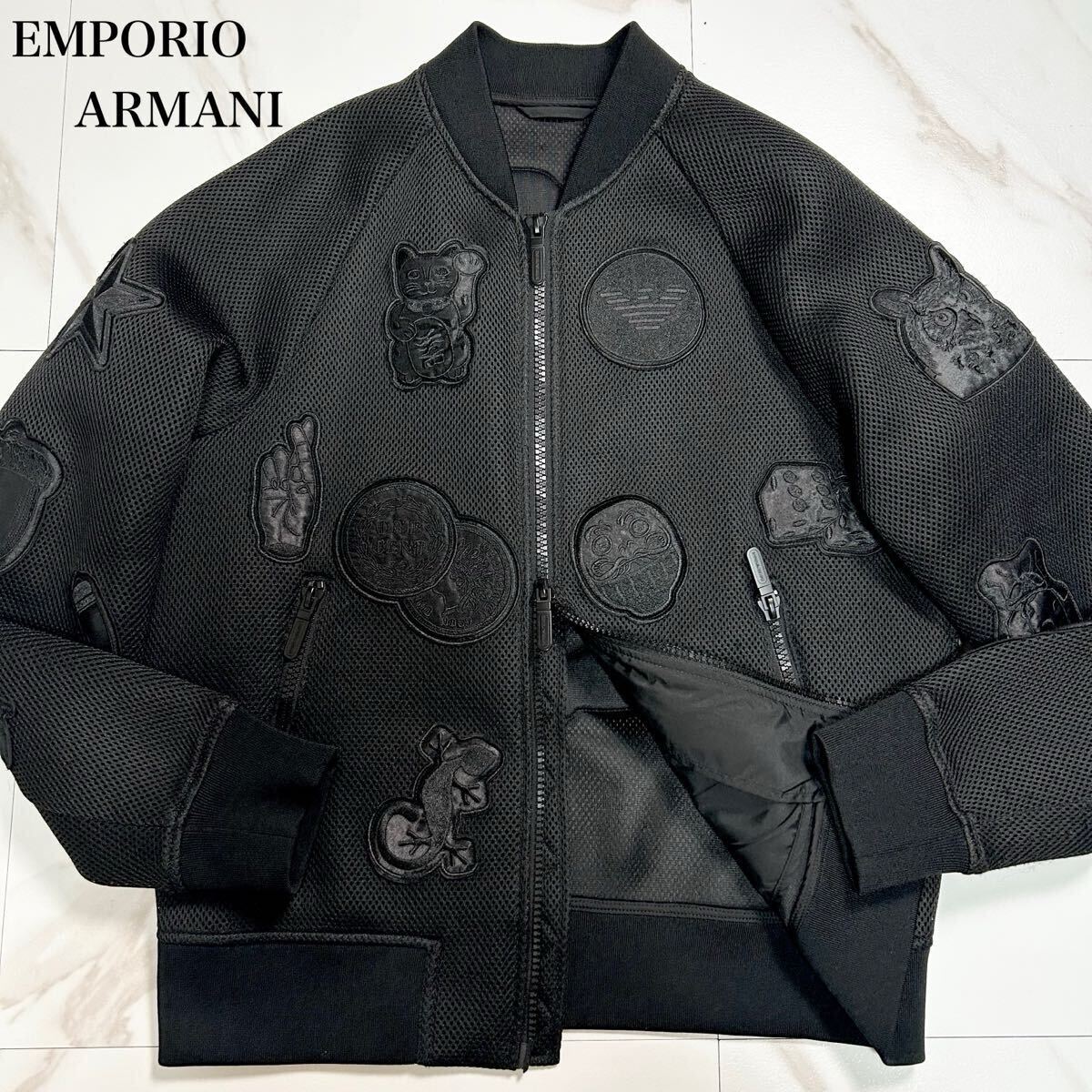 極美品/希少XL●EMPORIO ARMANI エンポリオアルマーニ ブルゾン ジャケット MA-1 ワッペン 刺繍 Wジップ イーグルロゴ ボンディング 50拍卖