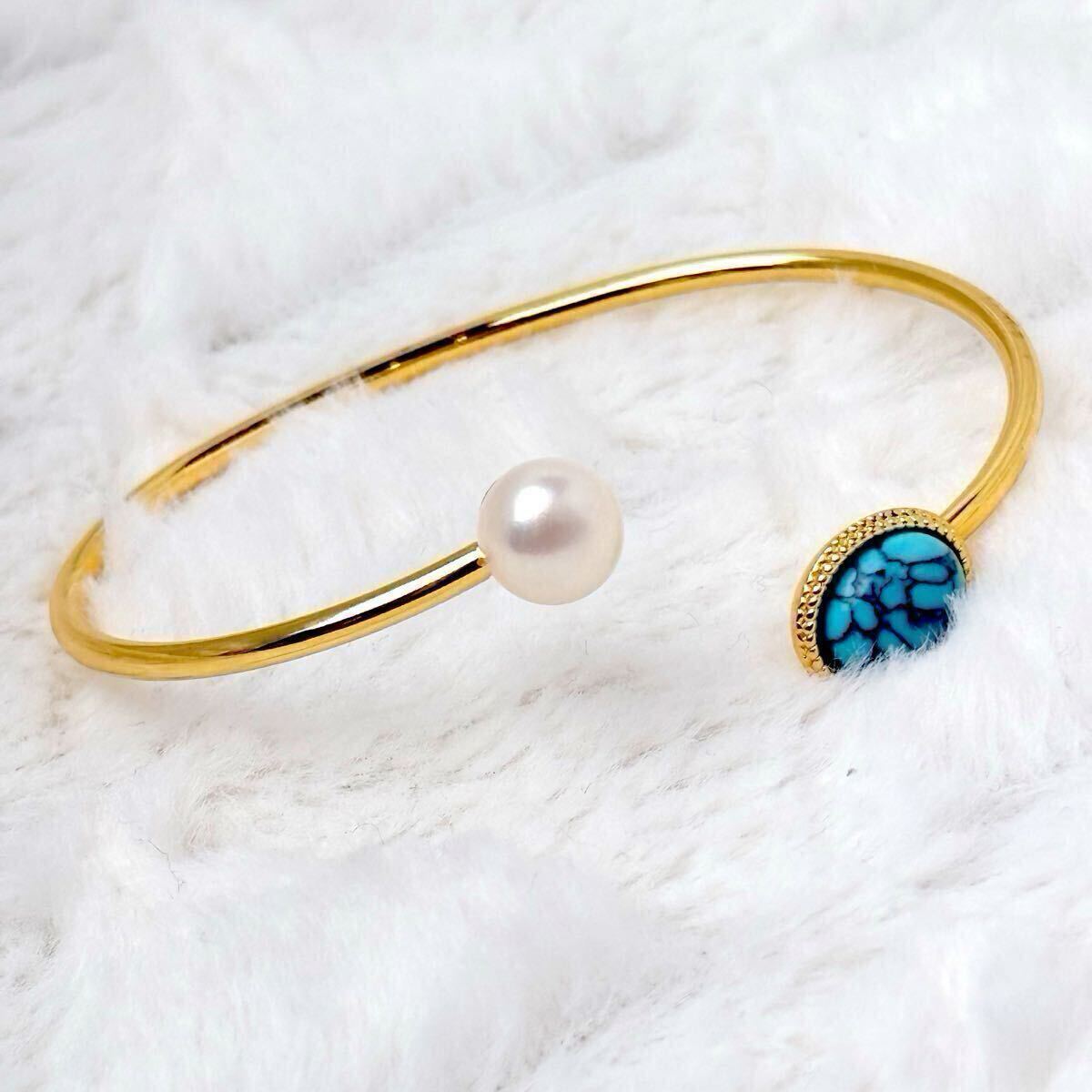 新着おしゃれ本真珠×ターコイズブレスレット パールブレスレット シルバーk18仕上げ拍卖