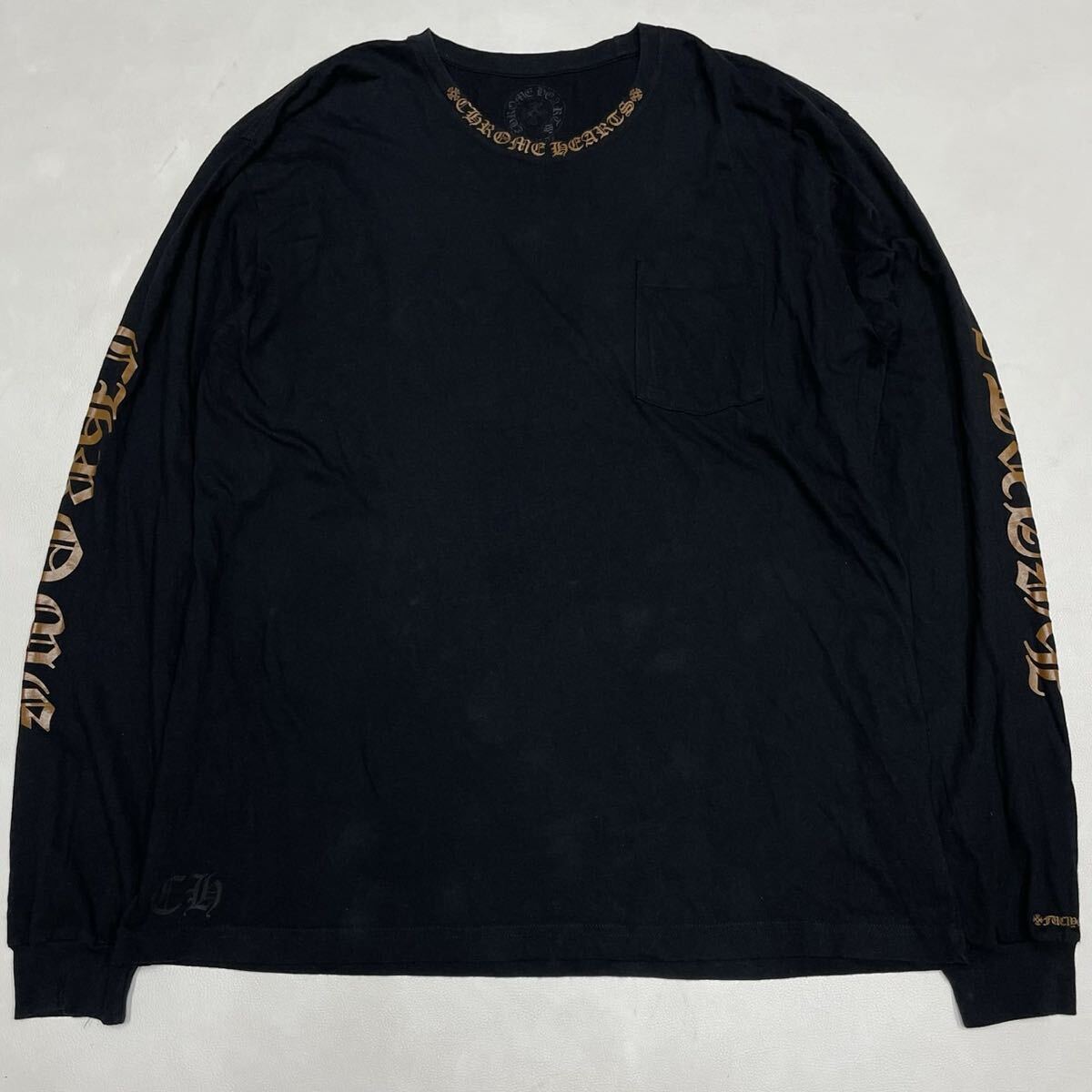 美品 CHROME HEARTS クロムハーツ ロンT 長袖 ネックロゴ アームロゴ ブラック オレンジ拍卖