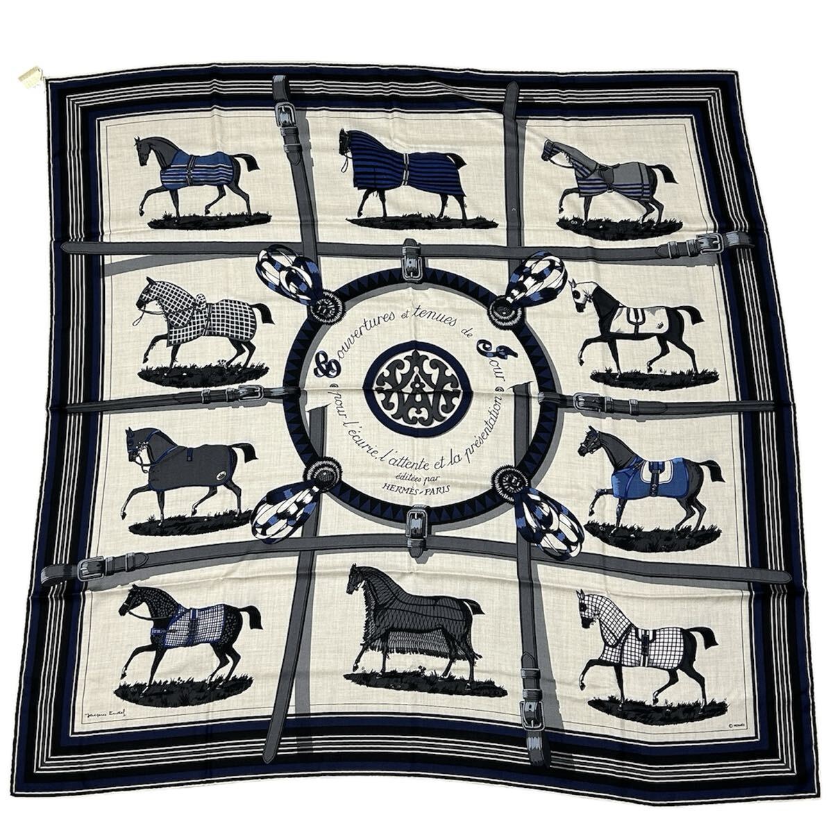 新品 2025年購入 HERMES エルメス カレ140 カシシル Couvertures et tenues de Jour カシミヤ シルク ネイビー マリーン拍卖