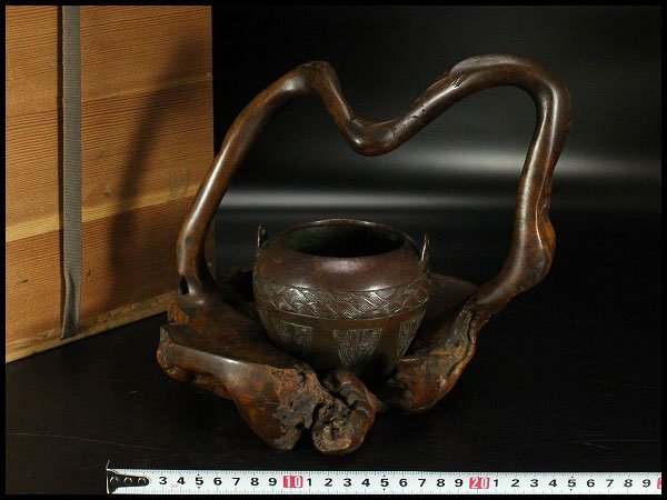 【金閣】茶道具 奇木 手付 煙草盆 古銅火入 香炉 珍品 旧家蔵出 送料無料(YC391)拍卖