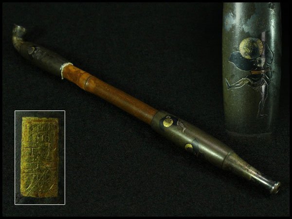 【金閣】時代 煙管 奴さん 金銀象嵌 在銘 銀口 旧家蔵出 送料無料(YC467)拍卖